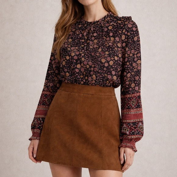 Tops - Floral Long Sleeve Blouse and Brown Skirt